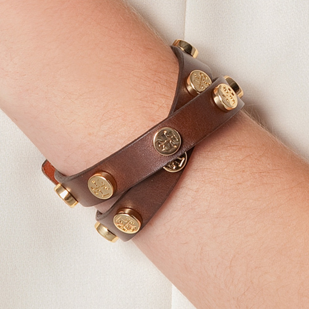 Tory Burch Leather Double Wrap Logo Stud Bracelet